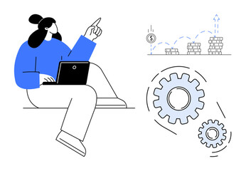 Woman using laptop, pointing at profit growth chart with coins and gears representing teamwork, productivity, finance. Ideal for business, strategy, innovation, technology, development planning