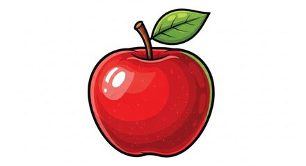 Shiny red apple with a green leaf on a plain background, fruit illustration