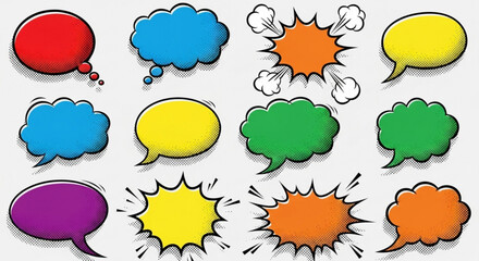 Colorful comic speech bubbles with halftone effect on a bright background