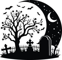 Vector art of a spooky halloween night scene with a silhouette of a tree, graveyard and bats flying in front of a crescent moon