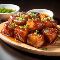 Clean macro photograph featuring Pork belly bites glazed, caramelized cubes on cocktail picks, sesame and scallion garnish, glossy highlights, centered platter cutout, transparent background, even ill