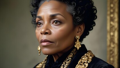 Elegant black woman portrait with gold earrings, radiating confidence and poise.