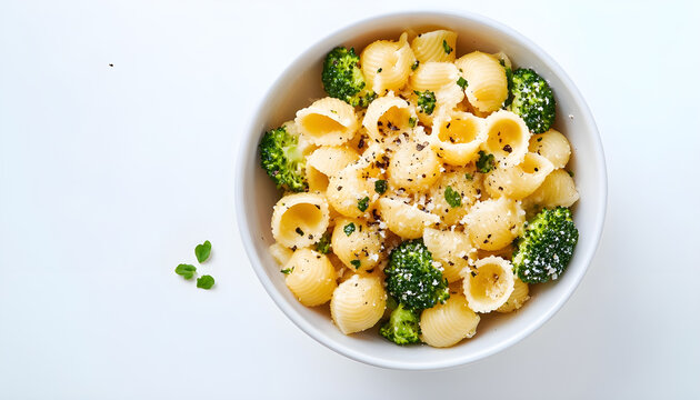 Bowl of delicious conchigile rigate pasta with broccoli and cheese on white background