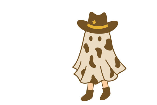 Cute ghost wearing a cowboy hat and boots isolated on transparent background for Halloween  Sublimation Design