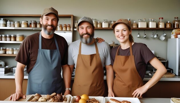 A team of bakers at their shop, ready to serve customers with a smile.