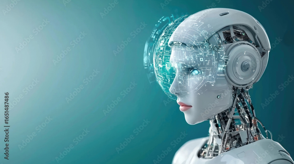 Poster futuristic robot assistant with digital hologram interface, artificial intelligence, and advanced te