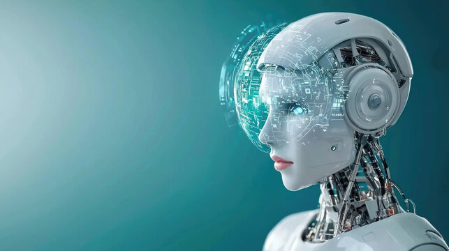 Futuristic robot assistant with digital hologram interface, artificial intelligence, and advanced technology, innovation, and emotion