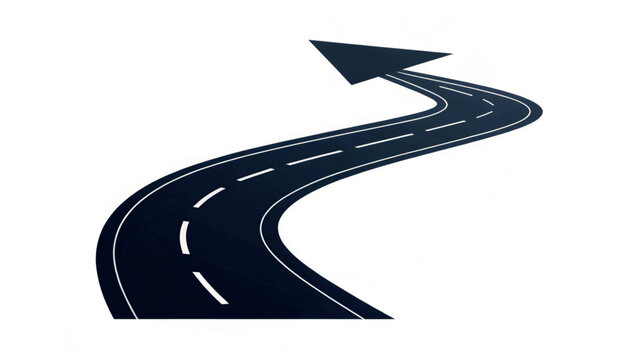 A winding road transforms into an arrow, symbolizing a clear path forward. The design is simple and bold against the white backdrop, representing a journey to the unknown.