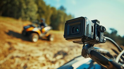 GoPro camera mounted on ATV helmet during off-road adventure in a sunny forest setting