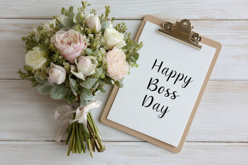 Elegant flat lay with a beautiful pastel flower bouquet and a clipboard displaying “Happy Boss Day” message on a white wooden background. Perfect for office celebration or greeting concept
