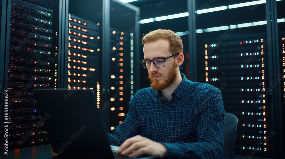 Aufkleber server engineer performing system reboot on laptop in data center, focused expression, surrounded by