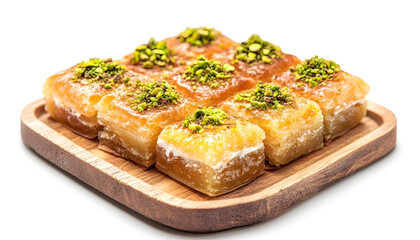 Traditional Middle Eastern Kunafa dessert cubes filled with cream and topped with ground pistachios on wooden plate isolated on white transparent background, concept of traditional sweets