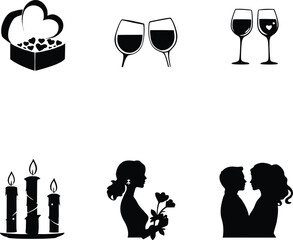 Valentine's day romantic silhouettes vector graphics love couple wine candles hearts gift celebration