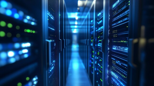 IT support specialist monitors network systems in a modern server room with advanced technology