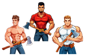 Muscular lumberjack with big ax in hand, man lumberjack with a large axe, ready for work in a forest setting, axeman with axe in hands, carpentry, woodworker, sawmill concept
