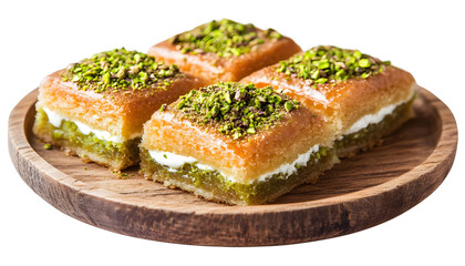 Traditional Middle Eastern Kunafa dessert cubes filled with cream and topped with ground pistachios on wooden plate isolated on white transparent background, concept of traditional sweets