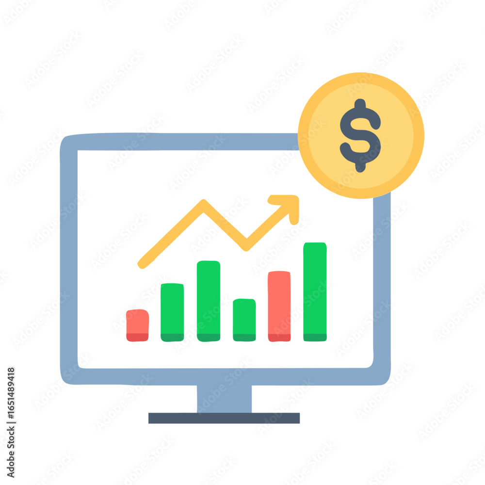 Poster computer monitor with rising bar graph and coin. financial growth and business analysis concept. dig