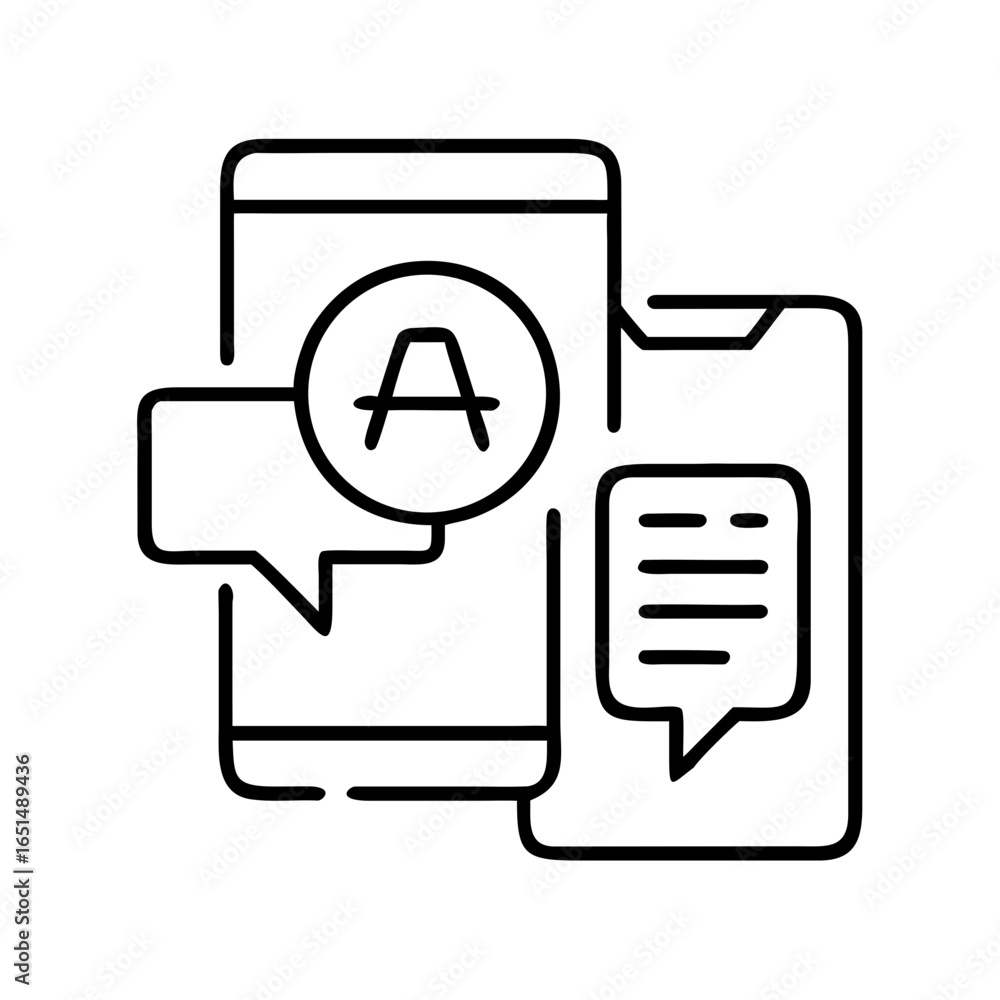 Poster two smartphone devices with speech bubbles and a language symbol. concept of translation, messaging,