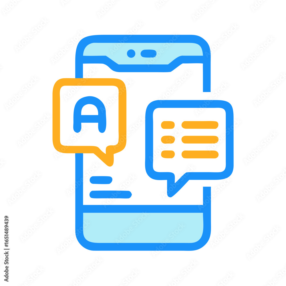 Poster smartphone with speech bubble translating language and message text. mobile application concept. onl