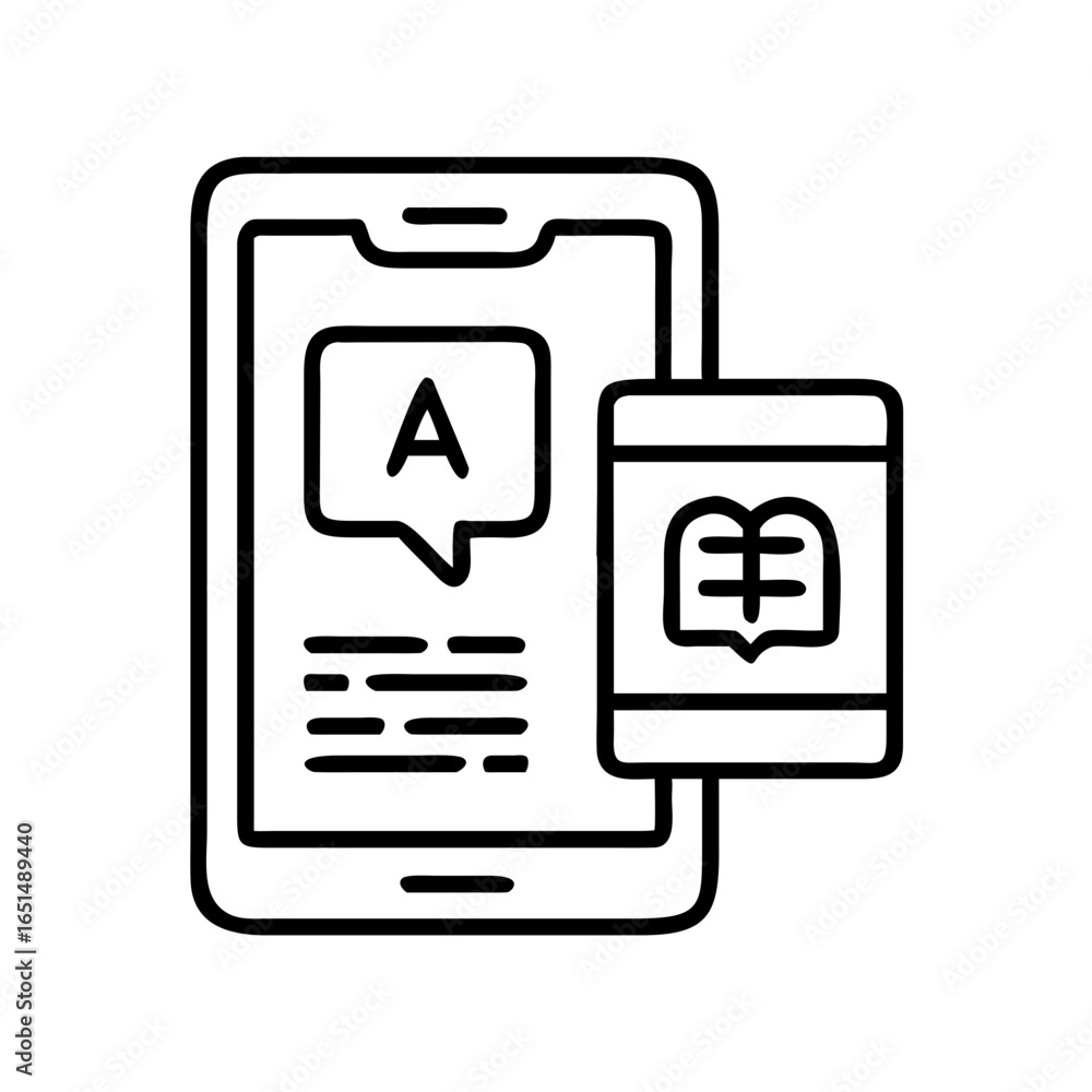 Poster smartphone displaying language translation from book. mobile dictionary and learning app concept. bl