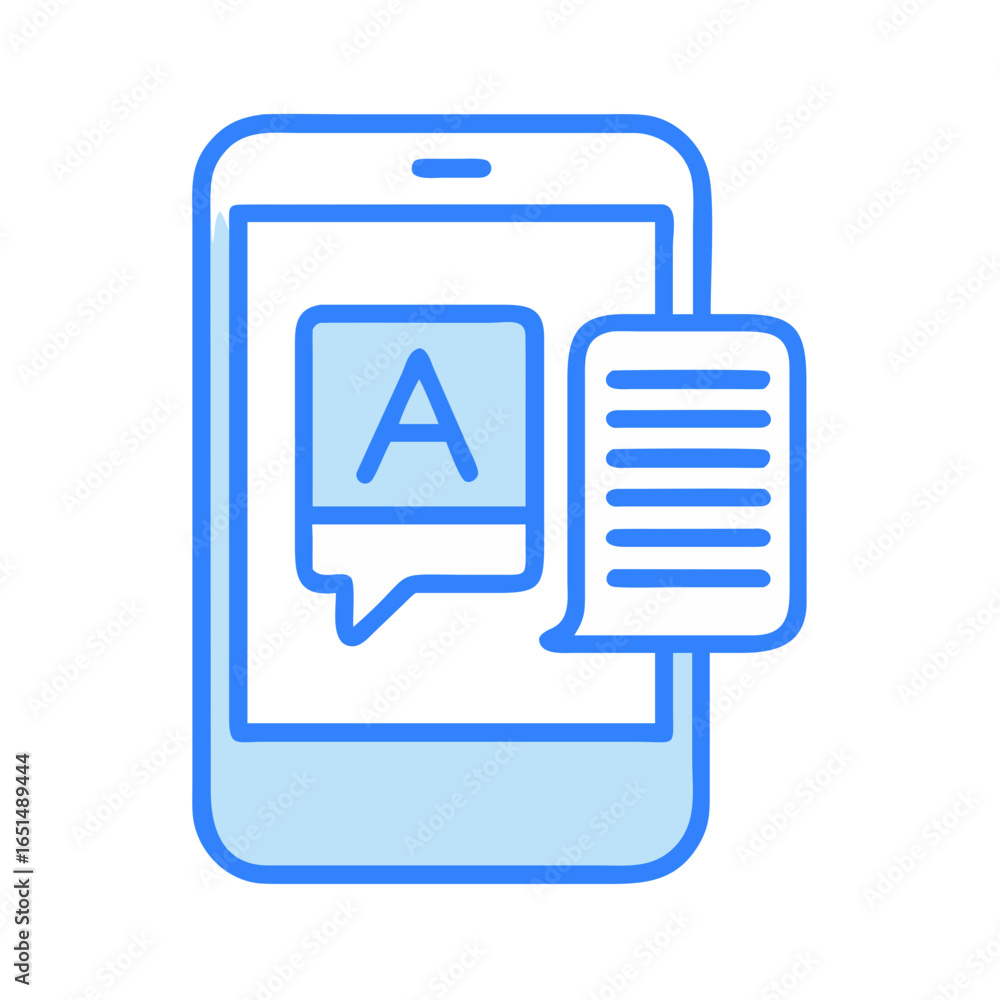 Poster mobile phone with text bubble and document icon. online language translation app or learning concept