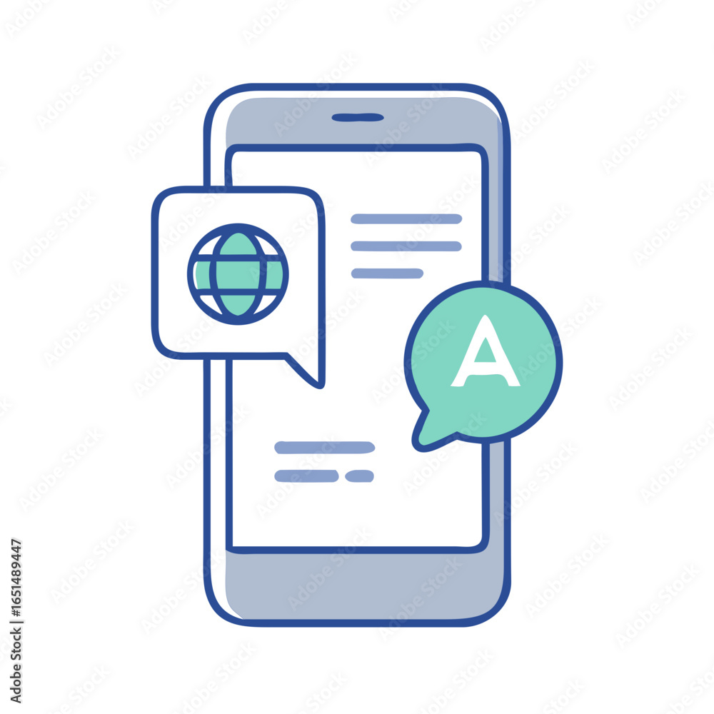 Poster smartphone with speech bubbles showing translation symbols. global communication via mobile internet