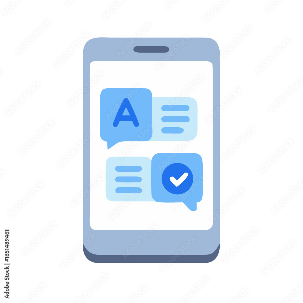 Poster smartphone display with messenger interface showing text translation and check mark, concept of onli