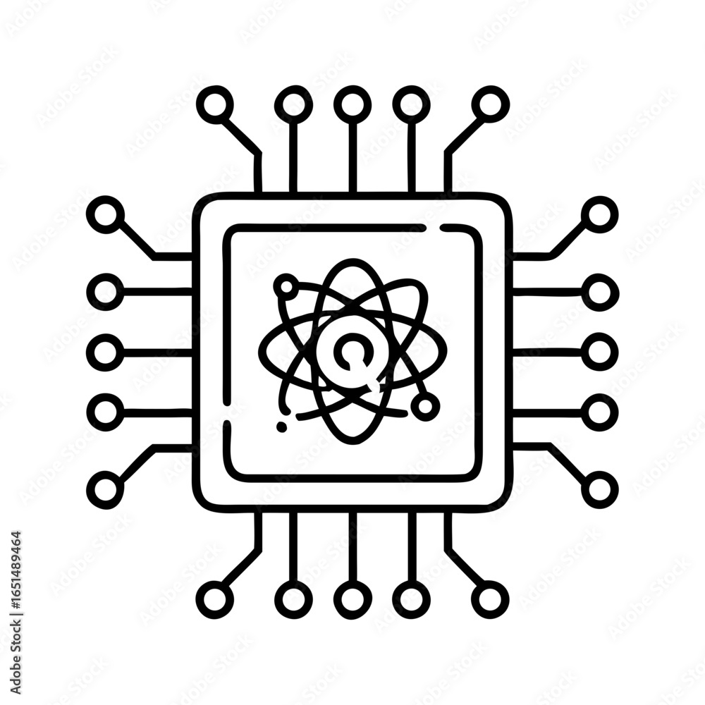 Poster central processing unit chip with atom symbol. quantum computer technology concept. black line icon 