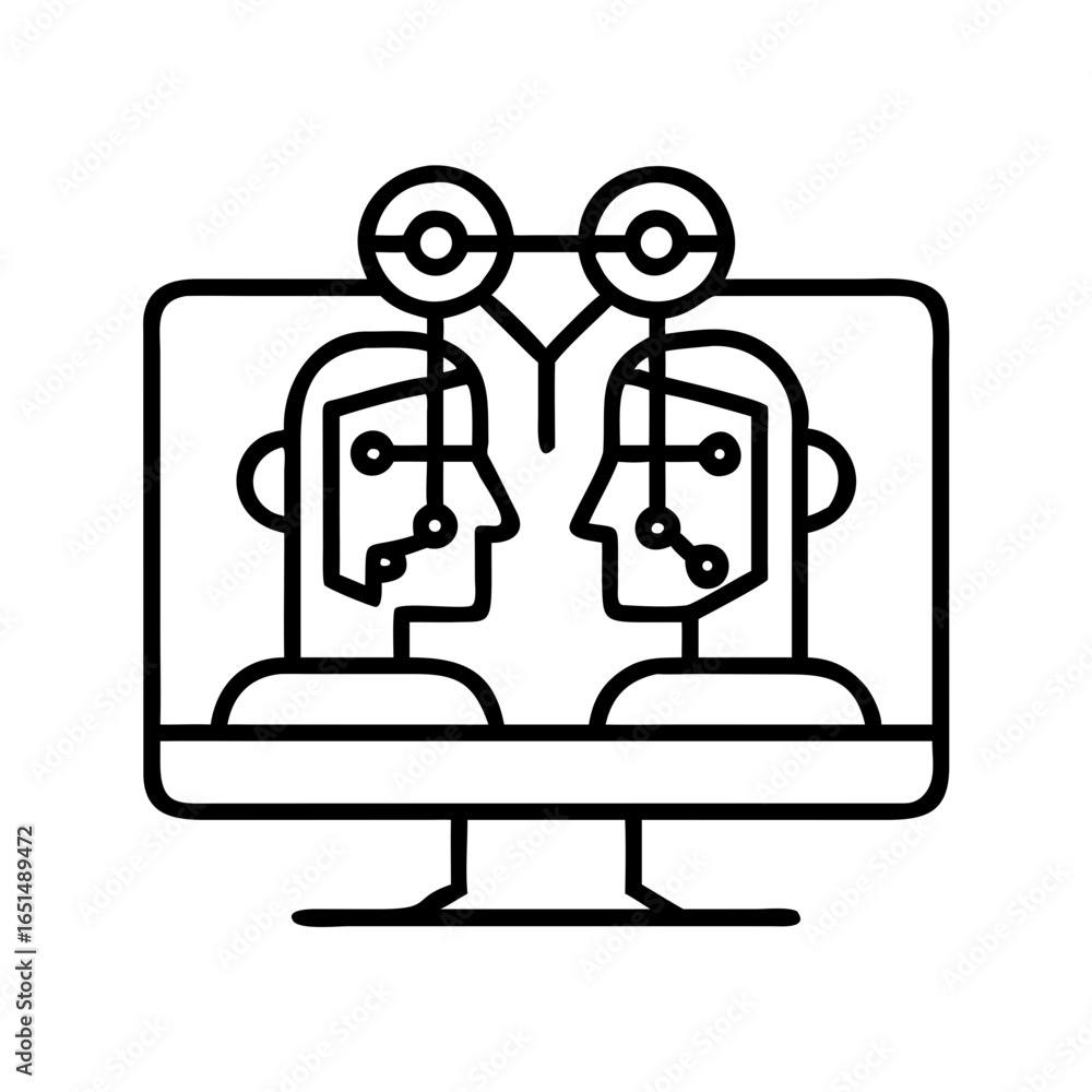 Poster two human faces with connected circuitry inside a monitor, representing artificial intelligence and 
