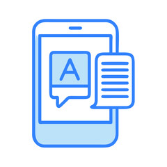 Mobile phone with text bubble and document icon. Online language translation app or learning concept. Vector icon for website, user interface, application