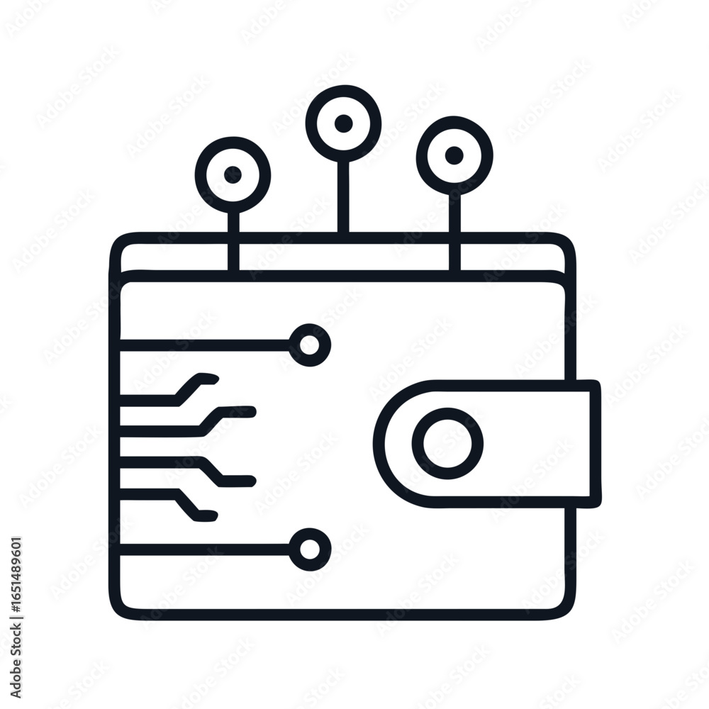 Poster digital wallet icon with circuit board pattern and network connection points. thin line stroke. cryp