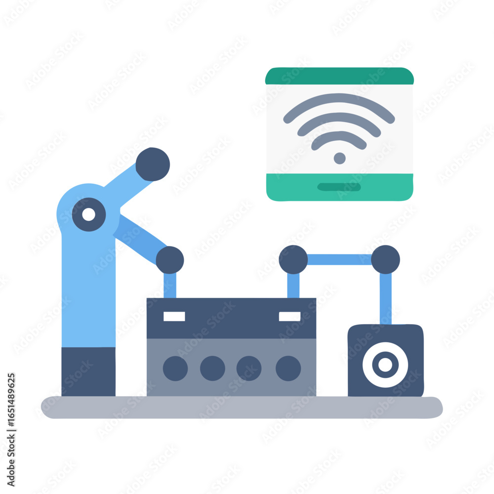 Poster robotic factory arm with industrial machine and wireless network connection in flat style. automatio