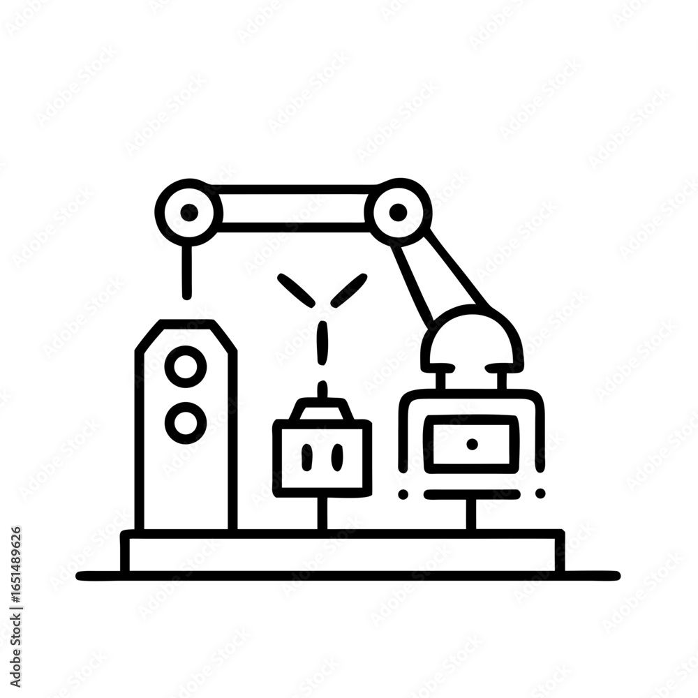 Poster industrial robot arm at work icon. automated welding and assembly factory machine. manufacturing pro