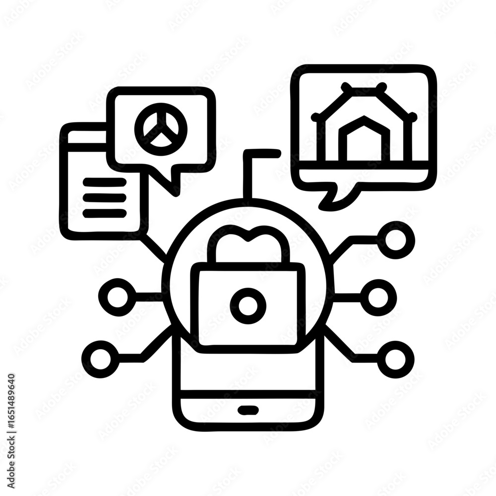 Poster secure smartphone access to smart home device application with padlock symbol icon. vector line art 