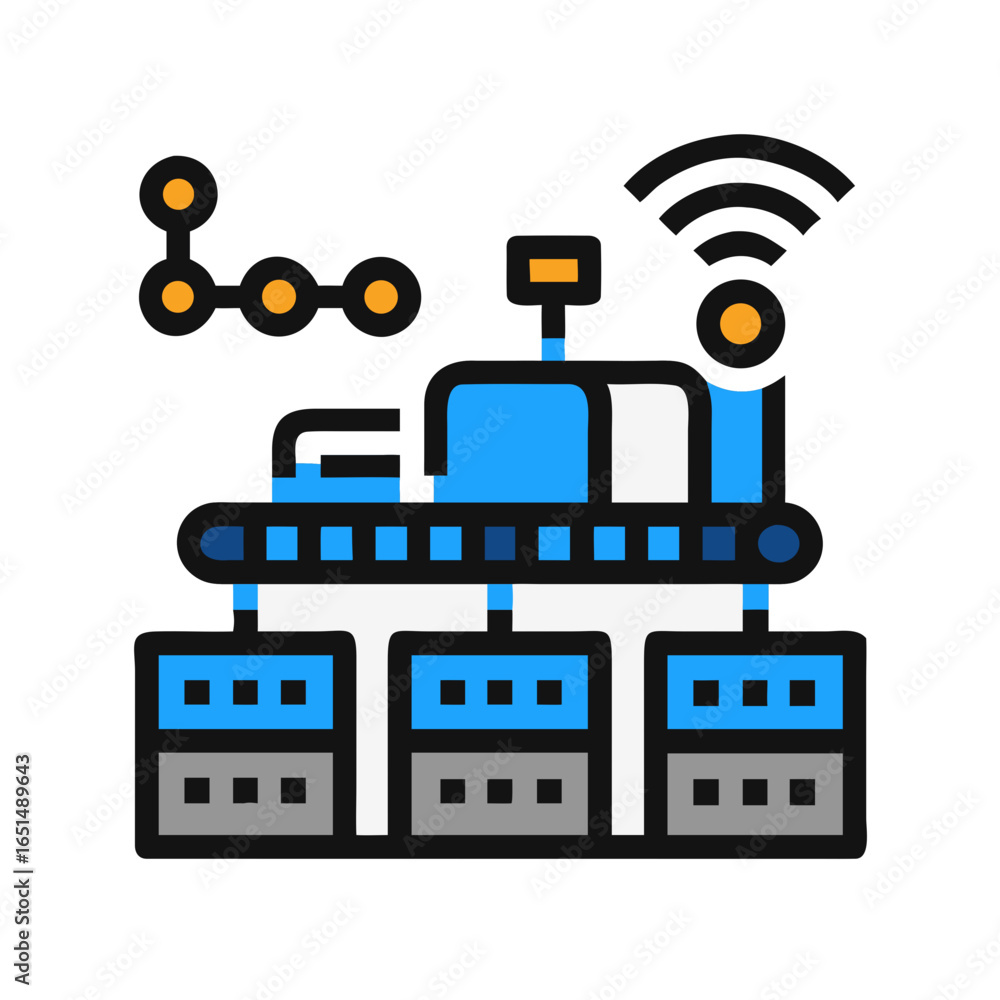 Poster production line with wireless connection and blockchain technology. industry 4.0 concept. modern man