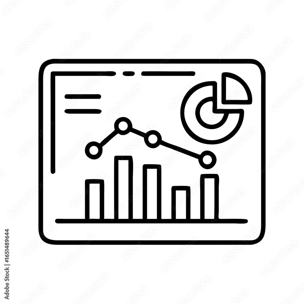 Poster bar and line graph with pie chart on a display. business data analytics concept. outline style vecto