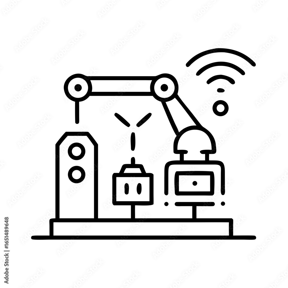 Poster industrial robotic arm automated production with wireless connection concept. factory modernization 