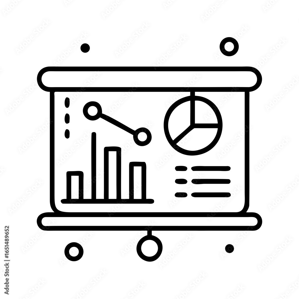 Poster presentation screen showing statistics with bar charts, line graphs and pie chart. business data ana