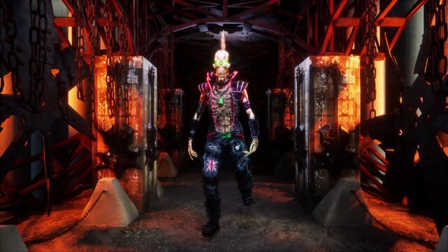 Punk Rock VJ Loop &ndash; stylized punk rock skeleton with spiky bones on the head and punkish outfit moving on the beat in seamless loop. Use it in your next VJ thematic sets, metal and gothic festival