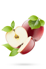 Ripe red apples with green leaves fly as swirl on isolated white background as art composition, closeup, with whole, half, quarter fruit, shadow. Summer fruits for advertising, design, label product.