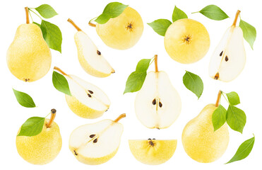 Yellow pear fruits with green leaves set, isolated on white background, closeup. Ripe golden pears whole, halves, quarters from different sides, studio shot.Organic fruit collection for design.