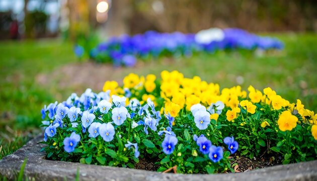 Colorful pansies in a garden bed.