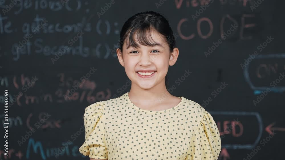 Poster cute happy girl smiling to camera while standing at blackboard with engineering prompt or coding, pr