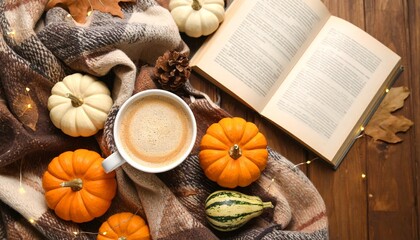 Burning candle illuminating pumpkins and pine cones for autumn decoration