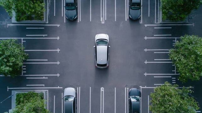 Aerial view modern parking lot with electric vehicles, green trees, clean lines, and organized layout, creating calm urban environment
