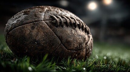 Wet rugby ball rests on green grass during a nighttime game under stadium lights