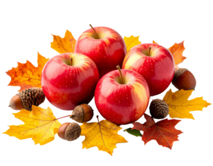 Ripe red apples, acorns and autumn leaves on transparent background