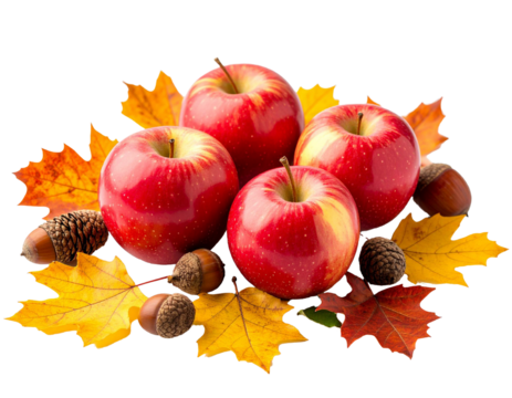 Ripe red apples, acorns and autumn leaves on transparent background