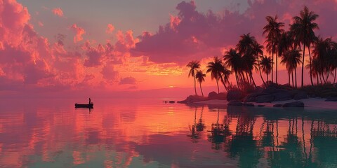 Serene sunset over calm waters with silhouettes of palm trees and a lone boat in the distance