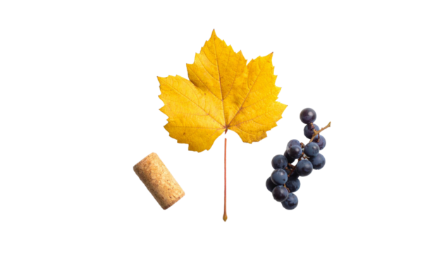 Wine cork, yellow leaf and grapes on transparent background representing autumn wine harvest